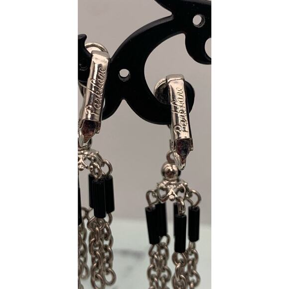 Vintage Park Lane Dangle Clip On Earrings Silver Tone Chain w/ Black Signed - Picture 5 of 5